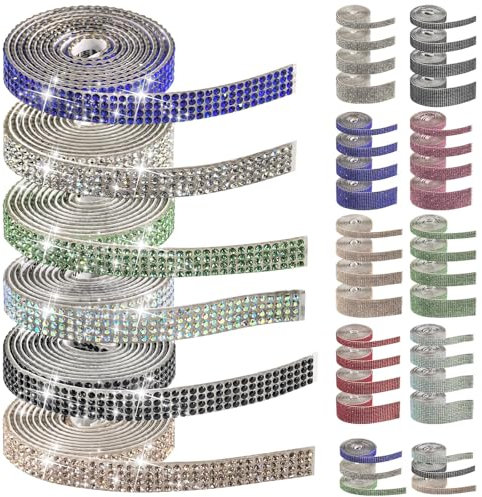Swpeet Lot de 6 rouleaux de ruban de strass autocollants 6 couleurs et 4 rangées pour travaux manuels, décoration de téléphone