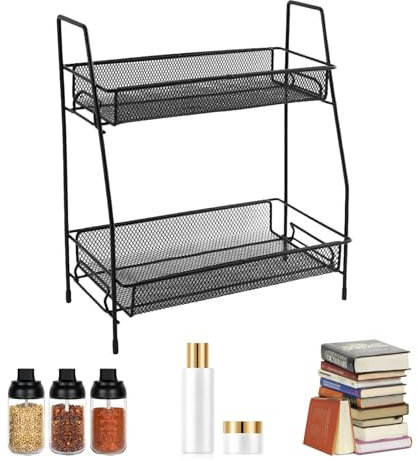 Eidoct 2 Tier Large Makeup Storage Rack Bathroom Storage Rack Spice Holder Perfume Organiser Kitchen Rack Vanity Organizer Storage Shelve, for Kitchen Home Office Countertop, 37 x 33 x 17 cm (Black)