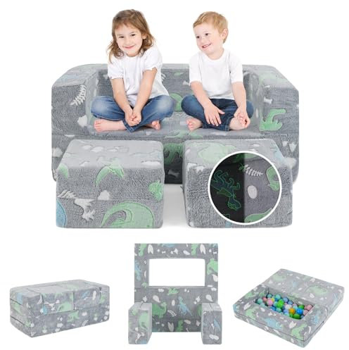 COSTWAY Modulares Kindersofa, im Dunkeln leuchtendes Spielsofa, Modulsofa mit abnehmbarem und maschinenwaschbarem Flanellbezug, Kleinkind-Couch für Spielzimmer und Kinderzimmer (Grauer Dinosaurier)