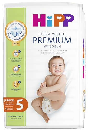 HiPP Extra Weiche Premium Windeln 5 (Junior, 11-16kg), 88 Stück (2 Packungen mit 44), mit 3-fach Auslaufschutz und Duo Hautschutz