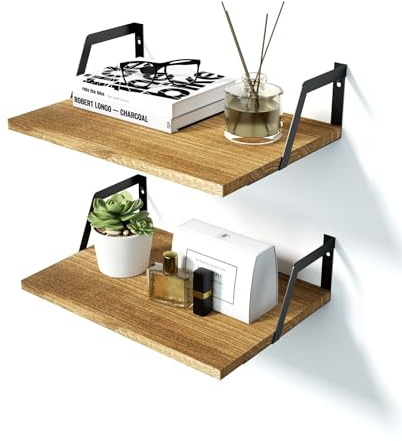 SRIWATANA 42×30cm Extra Deep Wide Wall Shelves Set of 2 | Torched Rustic Wood Floating Shelves with Metal Brackets, Wall Mounted Storage Organizer for Home & Commercial Use