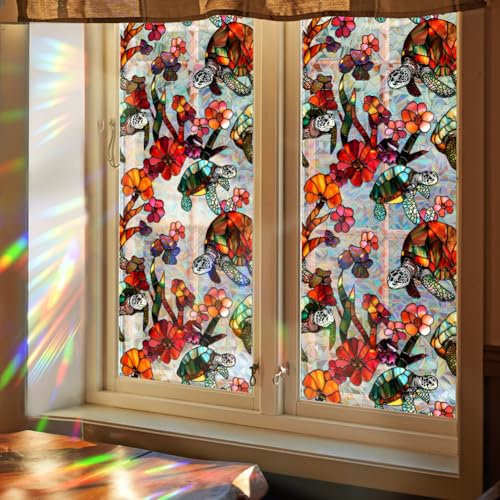 GORGECRAFT 100x43cm Große Sichtschutzfolie Für Fenster Mit Schildkröten Und Regenbogenmotiv Blumen Motiv 3D Buntglas Dekorative Fensterfolie Nicht Klebend Statisch Wiederverwendbar UV Beständig Sonne