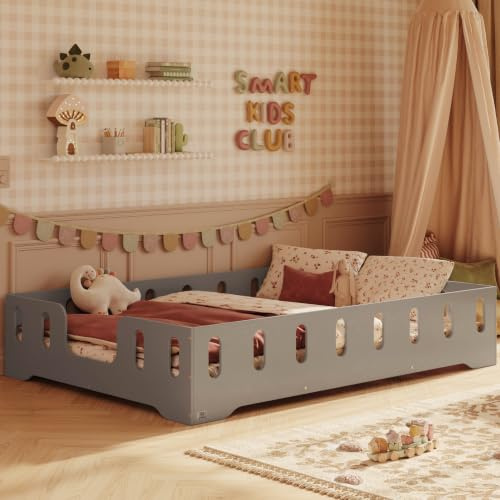 smartwood Bodenbett 120x200 cm mit Rausfallschutz, Holz, Grau, TILA 2B | Montessori Kinderbett, Lattenrost belastbar bis 300 kg, FSC-Zertifikat, abgerundete Kanten, Einfache Montage, ab 3 Jahren