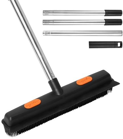 Ghshanog Balai en caoutchouc avec raclette, brosse à tapis en silicone avec poignée en acier inoxydable de 122 cm, pour enlever les poils d'animaux de compagnie, pour enlever les poils de chat, chien