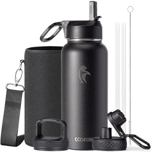 Coolflask Water Bottle Insulated 1L with Straw & 3 Leakproof Lids | Water Flask Stainless Steel Triple-Wall Vacuum, Cold 48+h/Hot 24+h, Dishwasher Safe, BPA-Free, Carrier Bag, for Gym,Hiking