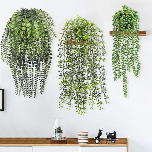 SHEPIN 3 Stück Hängepflanze Künstlich mit Topf, 43-47 cm Kunstpflanze Hängend, Künstliche Hängepflanzen wie echt Artificial Plants Plastikpflanzen Deko für Indoor Outdoor Draußen Garten Deko