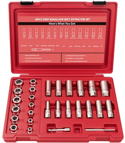 28Pcs Deep Bolt Extractor Set, with 3/8 Drive, Ez Out Broken Bolt Remover Kit, Spark Plug Extractor Socket Set, Easy Out Stripped Lug Nut Removal Tool for Removing Rounded, Rusted Bolts, Nuts (Red)