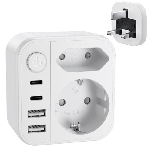 Reiseadapter UK mit Schalter, Adapter England Deutschland Stecker mit 2 USB-C 2 USB(3.4A) - Reisestecker Typ G UK Auf EU Steckdosenadapter für England, Irland, Dubai, Malediven Sri Lanka Stckdosen usw