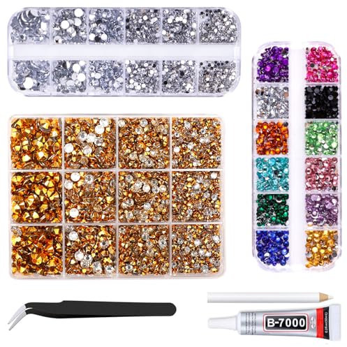 Gold Resin Rhinestones Kits, 2mm-6mm Mixed Flatback Round Rhinestones with 1 Tweezers Glue Pen, Bedazzling Diamonds Crystal Gems for Craft Nail Art Face Makeup Tumblers Mugs Clothing