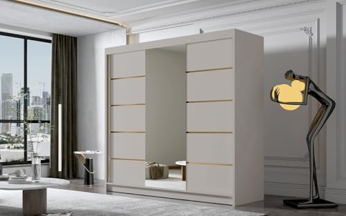 ELUKS - FLAVIO GOLDEN STRIPES Sliding Doors Wardrobe with Mirror Furniture for Bedroom Living Room and Hall Organizer Width 100cm/120cm/150cm/180cm/200cm/WHITE/BLACK/CASHMERE (Cashmere, 200cm)