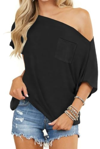 LACOZY Women's Summer Off Shoulder Tops Short Sleeve Casual Loose Fit Batwing Shirts Y2K Top T Shirt Oversized Blouse