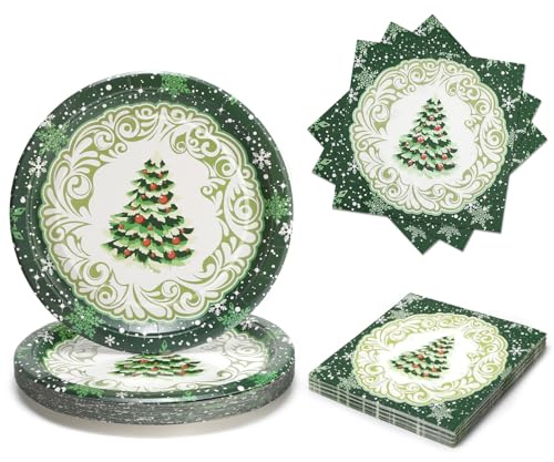 PARTY GO Platos y Servilletas De Papel Navideños 50 Unidades,Incluye 25 Unidades 23 cm Platos Navidad y 25 Unidades Servilletas,Patrón De Árbol De Navidad Verde,Para Decoraciones Navideñas