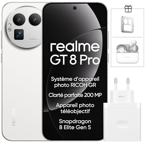 realme GT 8 Pro 5G - Smartphone de 12+256 GB, Snapdragon 8 Elite Gen 5, cámara de 200MP Ultra Clarity, Pantalla de 6.79 AMOLED QHD+ 144Hz, 7000mAh, 50W Wireless Charge, con 120W Cargador, Blanco