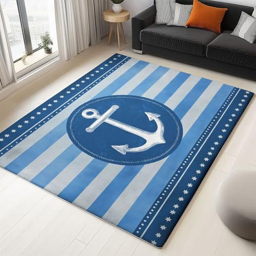 Schlicht Retro Maritim Horizontale Streifen rutschfest Teppich Blaufür Wohnzimmer Kinderzimmer -Dekoration Bodenmatte Spielen für Kinder Teppich für Schlafzimmer Flur Spielzimmer 80 x 150 cm