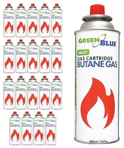 Green Blue GB227 Gaskartusche 227 g (386 ml) Butan, EN417, mit Gewinde, automatisches Ventil, wiederverwendbar, für Campingkocher | Einsatzbereich: -10 °C bis +40 °C (14, farblos)