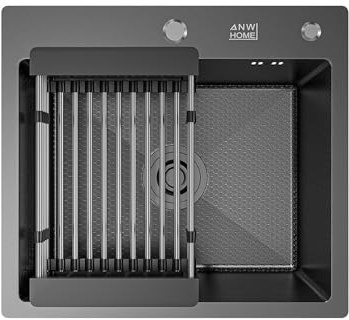 ANW HOME Fregadero Cocina 1 Seno, Fregadero sobre Encimera Acero Inoxidable Grafito PVD 50x45 cm, Profundidad 22 cm, Grosor 3.0+1 mm, Acabado Nano Antirrayas, con Sifón, Dosificador y Cesta