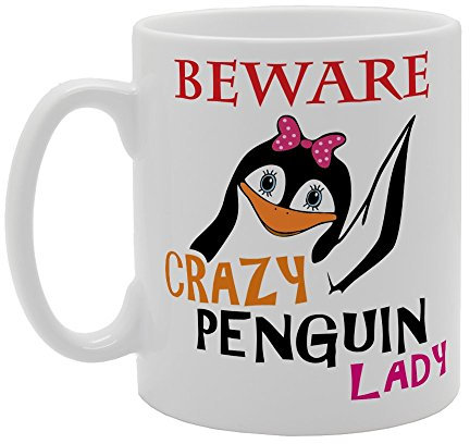 MG1050 Beware Crazy Penguins Lady Novelty Gift Printed Tea Coffee Ceramic Mug