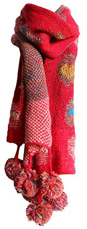 PB-SOAR Damen Strickschal Warmer Schal Halstuch mit bunten Punkten und abnehmbaren Bommeln 180 x 38cm (Rot)