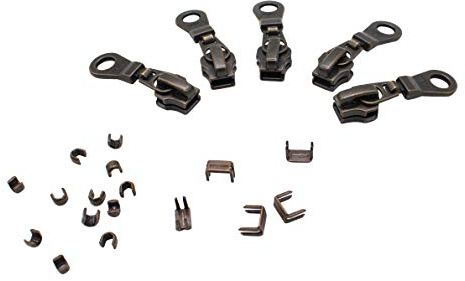 Zipperstop Wholesale - Zipper Repair Kit Solution YKK #5 Zipper Heads - Sliders with Pulls #5 - YKK Brand Donut Style Pulls - 5pcs with Top and Bottom Stoppers (Antique Brass)