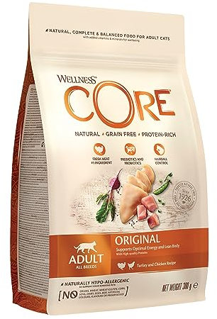 Wellness CORE Original, Pute & Huhn, 300 g, Katzenfutter trocken für ausgewachsene Katzen, ohne Zuckerzusatz, getreidefrei, mit hohem Fleischanteil, beugt Haarballen vor