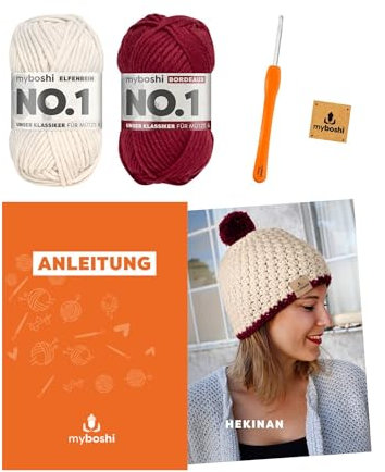 myboshi Häkelset Mütze Hekinan, Häkelset für Fortgeschrittene, inkl. No.1 Wolle, Anleitung, Label, 30% Wolle (Merinowolle) Beige mit Häkelnadel