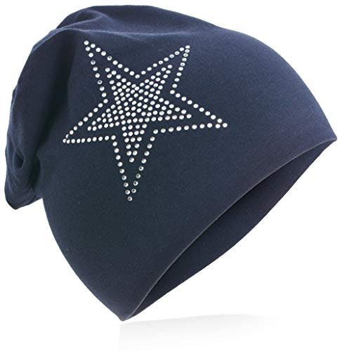 MioboBaby Kinder Jersey Slouch Beanie Long Mütze mit Strass Stern Unisex Baumwolle Trend 2Stern, Blau2Stern-Schwarzblau, 54-58cm Kopfumfang