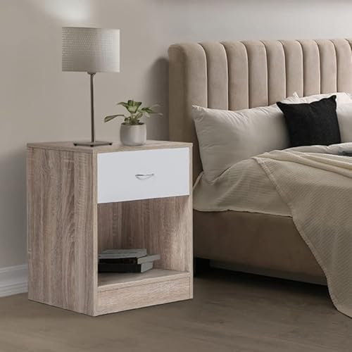 IDMarket - Lot de 2 Tables de Chevet Olga 1 tiroir avec Niche Bois façon hêtre et tiroir Blanc