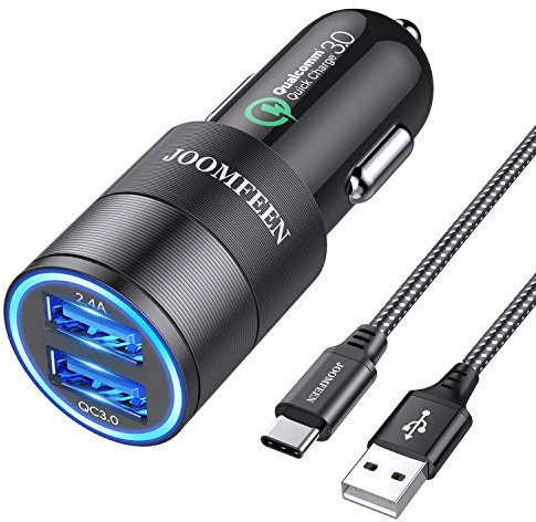 JOOMFEEN Qualcomm Kfz-Ladegerät USB C, Quick Charge 3.0 + 2.4 A, 30 W, 2 USB-Ports, Ladegerät für Zigarettenanzünder mit 3 m Kabel Typ C für Samsung Galaxy S10E/S9/S8/Note 8, LG G6, OnePlus 5, Huawei