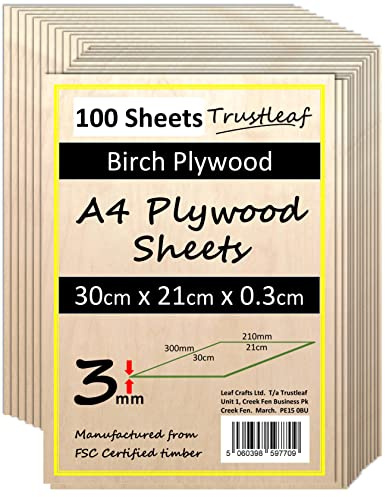 Trustleaf 3mm Birch Plywood A4-300x210x 3mm - (Pack of 100) - Laserable Low Fume E1 Glue Ply