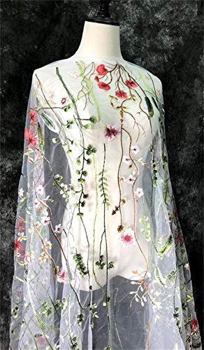 Tessuto in pizzo a rete con ricamo floreale squisito floreale da 129,5 cm di larghezza, per fai da te, abiti da sposa, artigianato, decorazione della casa (1,8 m (un pezzo), bianco)