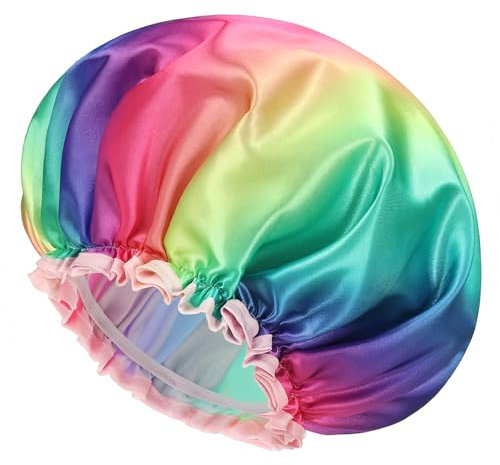 mikimini 2 Packs Large Shower Caps for Women, Waterproof, Reusable Shower Hats with Rainbow Print, Double-layered Bath Caps for Long Thick Hair