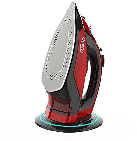 OMAIGA Cordless Iron for Clothes - 1500W Steam Iron with Non-Stick Ceramic Soleplate, Rapid Heating, Auto Shut Off, Burst of Steam, Self-Clean, Anti-Drip, Anti-Calc, 3 Temperature Settings, Red