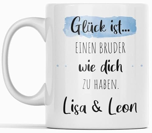 Personalisierte Kaffee-Tasse (Glück ist...) mit eigenen Wunschname. Für die Beste Freundin, Opa, Oma, Mama, Papa. Schönes Geschenk oder kleine Aufmerksamkeit | Muttertag (Bester Bruder #2, Weiß/Blau)