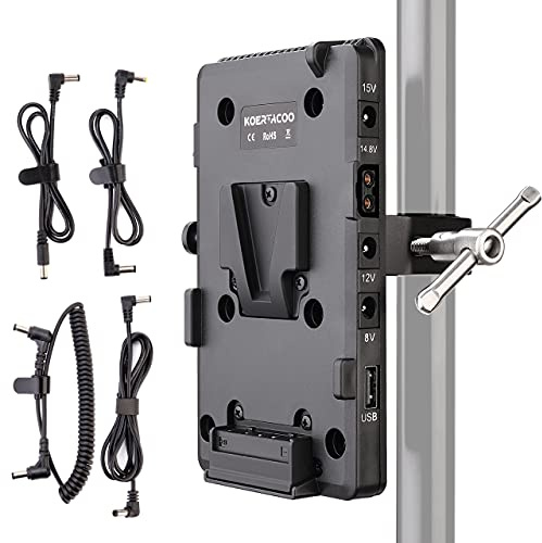 KOERTACOO V-Mount Lock Battery Plate Power Supply Adapter + Super Clamp for Lighting Stand,Tripod, Support Rod.with D-TAP/DC/USB Power Output for Camcorder, DSLR Camera, LED Video Light, Monitor etc.