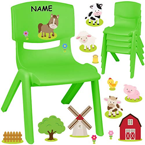 alles-meine.de GmbH Kinderstuhl/Stuhl - Motivwahl - grün + Sticker - Bauernhof Tiere - inkl. Name - Plastik - bis 100 kg belastbar/kippsicher - für INNEN & AUßEN - 0-99 Jah..