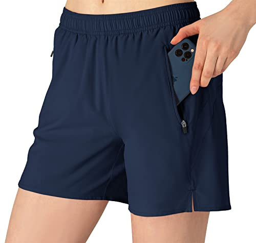 donhobo Damen Shorts Sommer Schnelltrocknende Laufshorts mit Taschen Sport Kurze Hosen Fitness Yoga Laufhose (Navy blau, XXL)