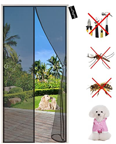 Fly Screens for Doors-Heavy Duty Patio Insect Door Screen-with Powerful Magnets&Full Frame Magic Tape-for Entry/Exterior Door/Kitchen/Patio Door 220 x 190 cm - Black