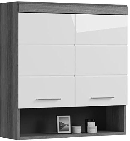 Newroom Hängeschrank Weiß Hochglanz Rauchsilber Badezimmer 74 cm breit | 2 Türen mit Bügelgriff, offenes Ablagefach, Einlegeboden, zweifarbig, Badmöbel modern, für kleine Bäder und Gäste-WC