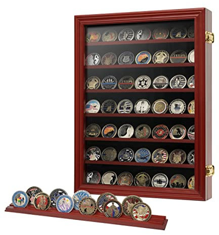 7 Reihen Challenge Münzhalter Vitrine mit HD-Hartglas für 100 Münzen, Wandmontierbarer Militär-Schattenbox-Schrank mit abnehmbaren 2-Rillen-Regalen für Medaillen und Casino-Poker-Chips, Mahagoni