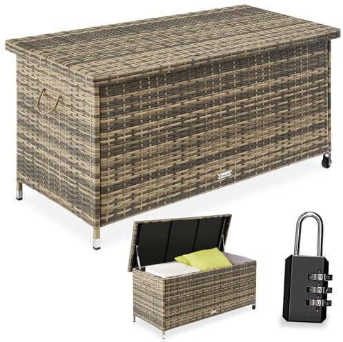 TecTake® Garden Storage Box, Lockable, UV-Resistant Poly Rattan Weave, Powder-Coated Steel Frame, Gas Pressure Springs, Removable Inner Pocket, Plastic Caps, Easy Assembly, Waterproof, 270L - nature