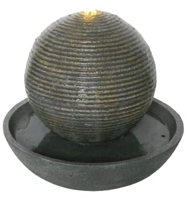 40cm Ribbed Sphere Grey Contemporary Water Feature On Solar With Water Tablets