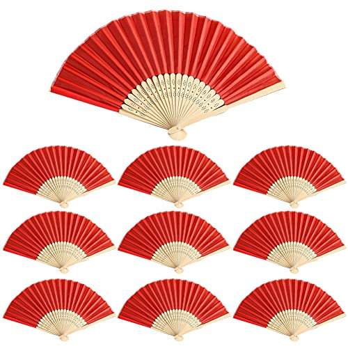 Faltbare Fächer Handfächer,10 Stück Rot Handfächer Hochzeit Fächer Holz Stoff Bambus Handheld Faltfächer für Damen, Chinesischen Stil Hand Fächer Hochzeit für Wanddekoration Hochzeit Gäste Geschenke