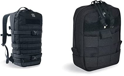 Tasmanian Tiger TT Essential Pack L MKII Molle Kompatibler 15L Daypack Outdoor Rucksack (Schwarz) & TT Tac Pouch 1 EDC Rucksack-Zusatztasche mit Molle-System und Patch-Fläche, 15 x 10 x 4, Schwarz