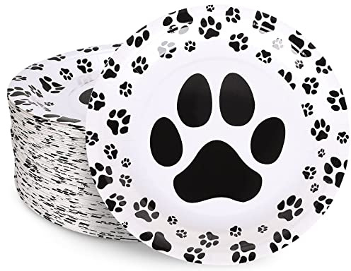 Whaline 50Pcs Dog Paw Paper Plates Disposable Cute Pet Paw Prints Plates 9 Inch Black White Party Tableware Plates for Dog Birthday Puppy Theme Party Pet Lover Supplies