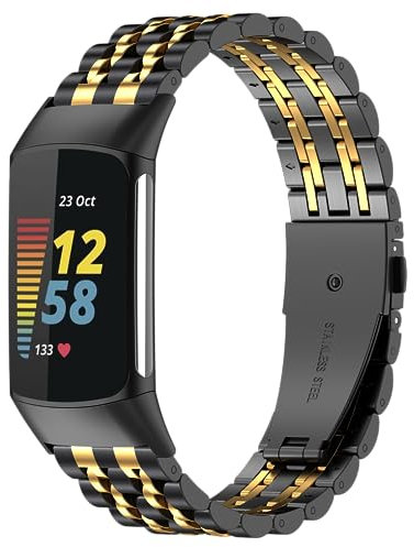 EZMVZKU Metall Armband für Fitbit Charge 5, Charge 6, Edelstahl Verstellbares Ersatzarmband Kompatibel mit Charge 5/6 Fitness Tracker, Armbänder für Damen Herren,Black/Gold