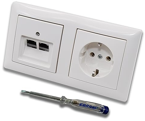 Busch Jäger, Rutenbeck Unterputz Netzwerkdose 10 Gigabit/S (10GbE) KAT6A 6A 2 x RJ45 Anschluss + Steckdose 20EUC-914 im BJ BalanceSi alpinweiß Design + EBROM Phasenprüfer z. Montage d. Geräte