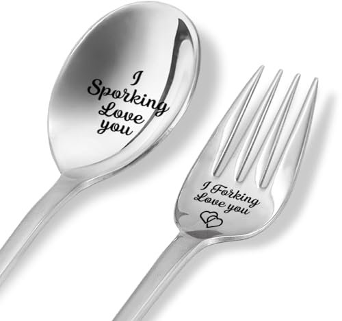 XQLZY 2 Pcs I Forking Love You Fun Engraved Spoon and Fork Set with Gift Box, Funny Gifts for Couples, Wedding Birthday Anniversary Valentines Day Gift for Man, Women, Couples, Husband, Wife
