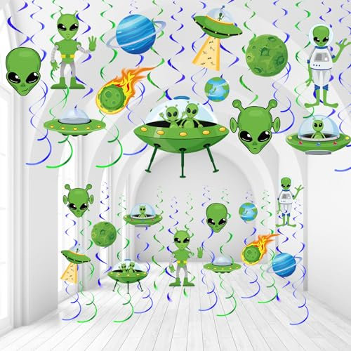 Capoda 54 Stück Alien Party Hängende Dekorationen UFO Thema Hängende Wirbel Grün Alien Party Supplies Weltraum Untertasse Mann Decke Dekor für Jungen und Mädchen Alien Geburtstag Babyparty Dekor