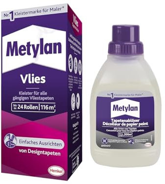 Metylan Vlies, Tapetenkleister für Vliestapeten, Kleister mit hoher Ergiebigkeit (1x720g) & Metylan Tapetenablöser Aktiv-Konzentrat, löst schnell und problemlos (1x0,5l)