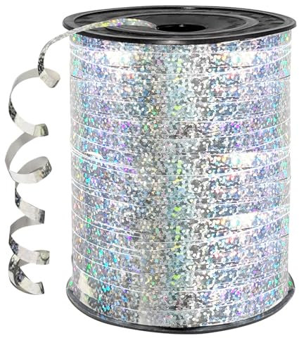 450 Meter Geschenkband - DATEFUN 5mm Schleifenband Regenbogen - Bunt Glitzer Ringelband Ballonband für Weihnachtsdeko, Ballonverschlüsse, Geschenkverpackung Balonowy (Silber)